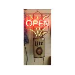 Unusual neon electric shop 'Open' sign, marked 'Lite Fine Pilsner Beer', 31" high