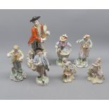 Collection of seven various Dresden figures, decorated in various colours, various sizes