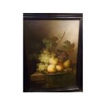 MODERN, oil on panel, Still life study of mixed fruit on a platter, 15 1/2" x 11 1/2"