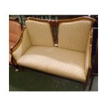 Edwardian faded mahogany two seater cottage sofa, with inlaid back, 50" wide