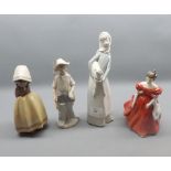 Two Lladro figures, girl with lamb and bow with fishing rod; further Lladro matt finish figure;