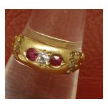 Victorian 18ct gold diamond and ruby ring, the centre set with small brilliant cut diamond (approx