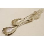 Pair of Victorian silver and cut glass salad servers, each with scalloped bowls and twisted stems,