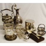 Mixed Lot of electroplated table wares: lidded ewer, tea kettle on stand, ice bucket, biscuit