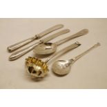 Mixed Lot: Victorian sifter ladle together with a beaded and initialled dessert spoon, modern