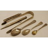 Mixed Lot: pair of George III sugar tongs, together with a single teaspoon, two various Old