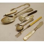 Mixed Lot: Fiddle pattern tablespoon, three Old English pattern teaspoons, pickle fork, sugar