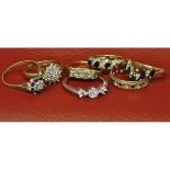 Mixed Lot: seven 9ct gold dress rings, diamond and get set, 18.2gms gross weight