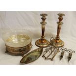 Mixed Lot: former electroplated on copper pair of candlesticks, together with lancet-shaped