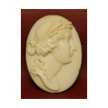 Victorian well carved celluloid plaque depicting a Bacchante wearing flowers in her hair with a