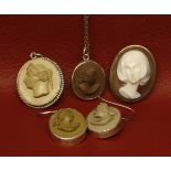 Mixed Lot: hardstone cameo of a lady in a white metal frame; a double sided cameo pendant and a pair