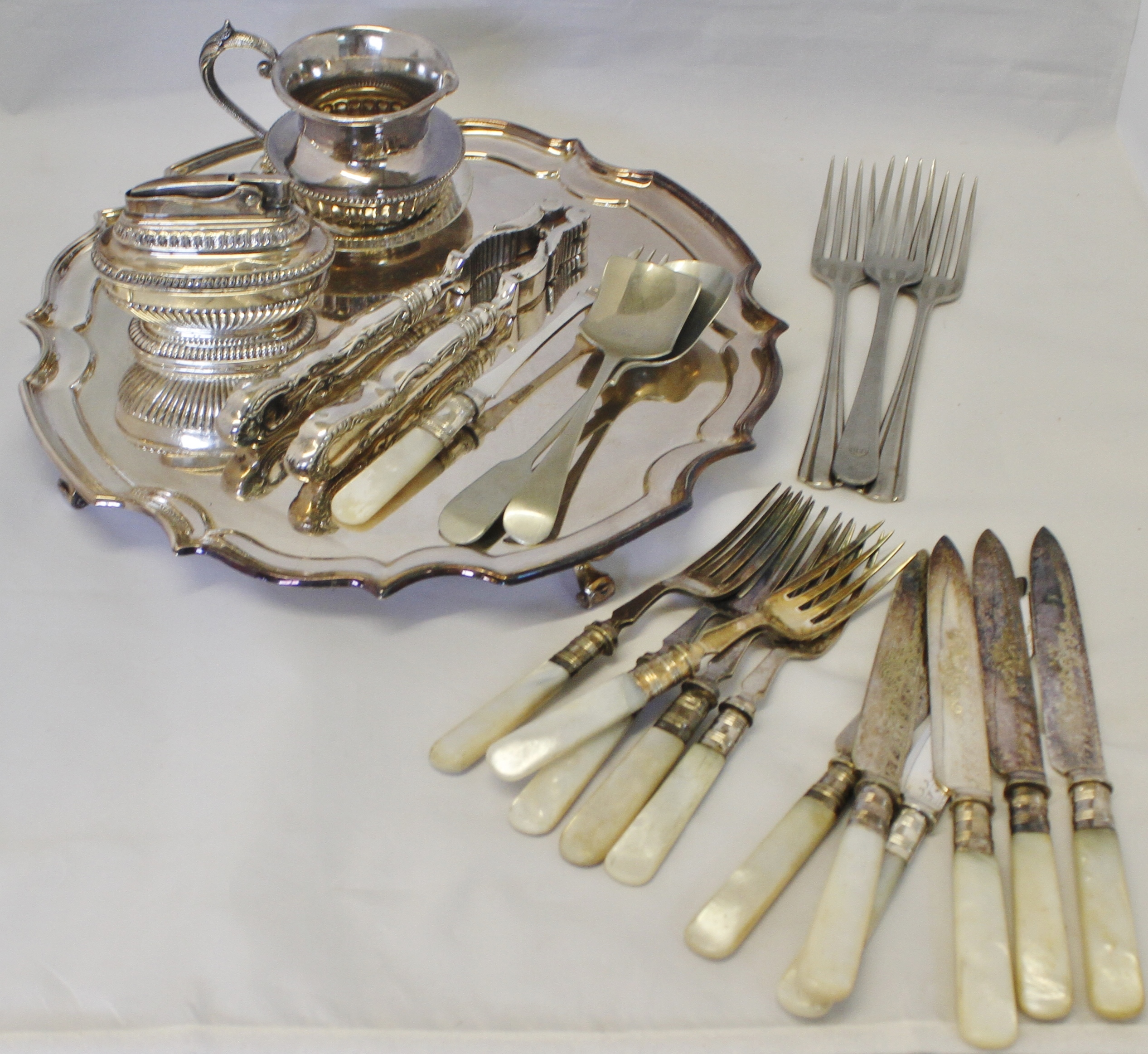 Mixed Lot: shaped circular salver, together with assorted flatware and cutlery, table cigarette