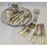 Mixed Lot: shaped circular salver, together with assorted flatware and cutlery, table cigarette