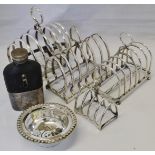 Mixed Lot: four various electroplated toast racks, together with a part wine funnel and clear