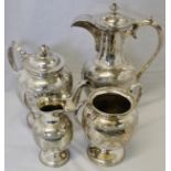 Late 19th century electroplated four piece tea set, comprising hot water ewer, teapot, sugar basin