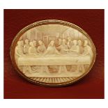 Late 19th century cameo brooch, the oval cameo depicting the Last Supper, in a 9ct hallmarked gold
