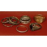 Mixed Lot: 9ct gold hallmarked gents ring, 5.3gms; a plain platinum ring, 2 gms; together with eight
