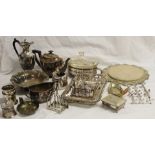 Mixed Lot of electroplated table wares: part tea set, hot water ewer, serving dishes, toast racks (