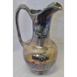 Large electroplated Britannia metal water jug, of baluster form with applied rim and handle, and