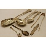 Mixed Lot: single Old English pattern and engraved berry spoon, pair of sugar tongs, Old English