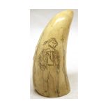 Whale's tooth scrimshaw with scratch engraved decoration depicting a sailor flanked by harpoons (