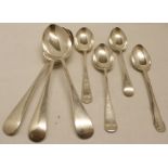 Mixed Lot: three various Old English pattern dessert spoons, together with four various teaspoons,