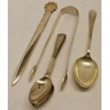Mixed Lot: Elizabeth II bladed paperknife, together with a pair of sugar tongs, small dessert spoons