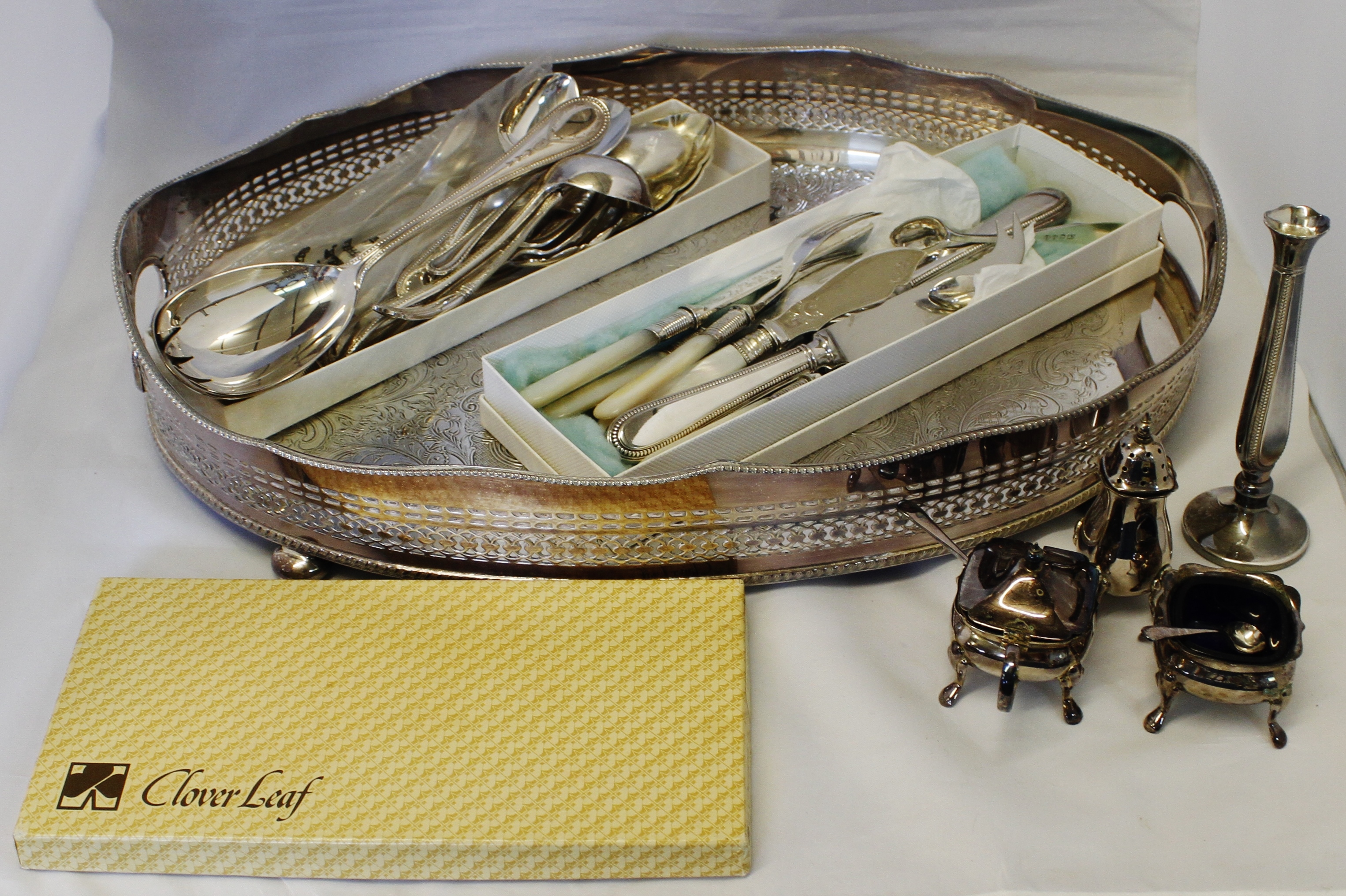 Mixed Lot: two-handled oval tea tray with pierced gallery, together with a quantity of flatware