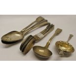 Mixed Lot: six Victorian Fiddle pattern dessert spoons, together with a matching sauce ladle with