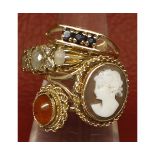 Mixed Lot of four 9ct gold dress rings: an oval cameo ring, a three stone small sapphire ring;