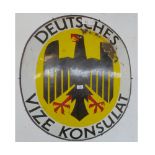 OVAL CONVEX GERMAN ENAMEL SIGN WITH PICTURE OF A BIRD "DEUTSCHES VIZE KONSULAT"