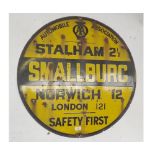 CIRCULAR AA VINTAGE ENAMEL ROAD SIGN "STALHAM 2 1/2 MILES SMALLBURGH NORWICH 12 MILES LONDON 121