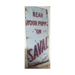 LARGE SINGLE SIDED ENAMEL SIGN FOR SPILLERS SAVAL REAR YOUR PUPPY ON SAVAL