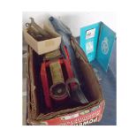 BOX: TWO TONNE TROLLEY JACK, WARNING TRIANGLE, RAC WELCOME PACK WITH BADGE, ASSORTED SPANNERS