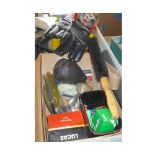 LARGE BOX: ASSORTED MOTORING SPARES TO INCLUDE SPARK PLUGS, GLOVES, RADIO, HOSES ETC