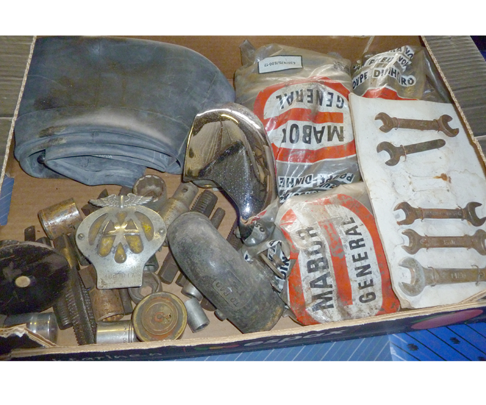 BOX: SUNDRY SPARES TO INCLUDE UN-USED INNER TUBES, SPANNERS AND AA BADGE