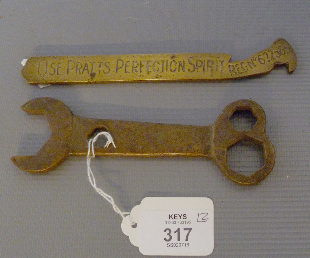 BRASS SPANNER AND A PRATTS PERFECTION SPIRIT PATENT SAFETY PETROL FILLER