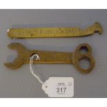 BRASS SPANNER AND A PRATTS PERFECTION SPIRIT PATENT SAFETY PETROL FILLER