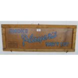 WOODEN FRAMED ADVERTISING SIGN WITH BLUE LETTERING "SMOKE PLAYERS NAVY CUT"