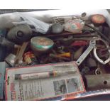 BOX: ASSORTED TOOLS TO INCLUDE SPANNERS, GREASE GUN AND CLAMPS
