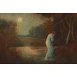 *WILLIAM BROCK (1874-1953, BRITISH) Pre-Raphaelite landscape with lady in moonlit woodland