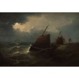 JOHN MOORE OF IPSWICH (1820-1902, BRITISH) Fishing boats in moonlit sea oil on panel, signed lower