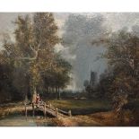 NORWICH SCHOOL (19TH CENTURY) Landscape with mother and child on a bridge, church to distance oil on