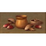*JOYCE SEDDON, SWA (20TH CENTURY, BRITISH) Still life study of radishes, mushrooms and brass pot oil