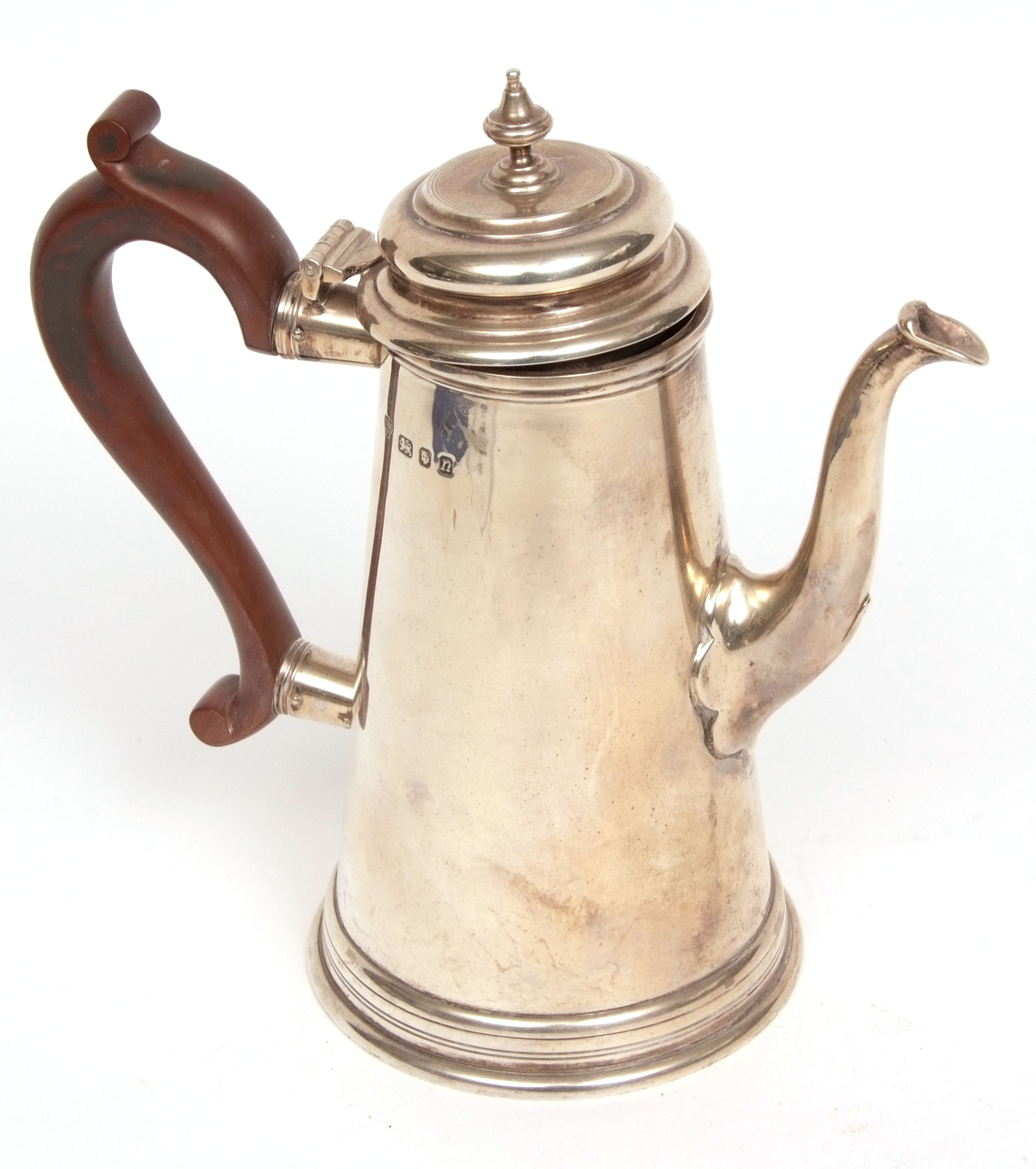 Elizabeth II coffee pot of tapering cylindrical form, with hinged and domed cover and cast and