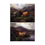 JOHN MORRIS (19TH/20TH CENTURY, BRITISH) Highland Cattle in a landscape pair of oils on canvas, both