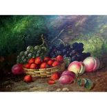 ENGLISH SCHOOL (19TH CENTURY) Still life study of mixed fruit in a basket on a mossy bank oil on