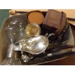 Mixed Lot: silver plated serving tray, sauceboats, various carving set, claret jug, carriage clock