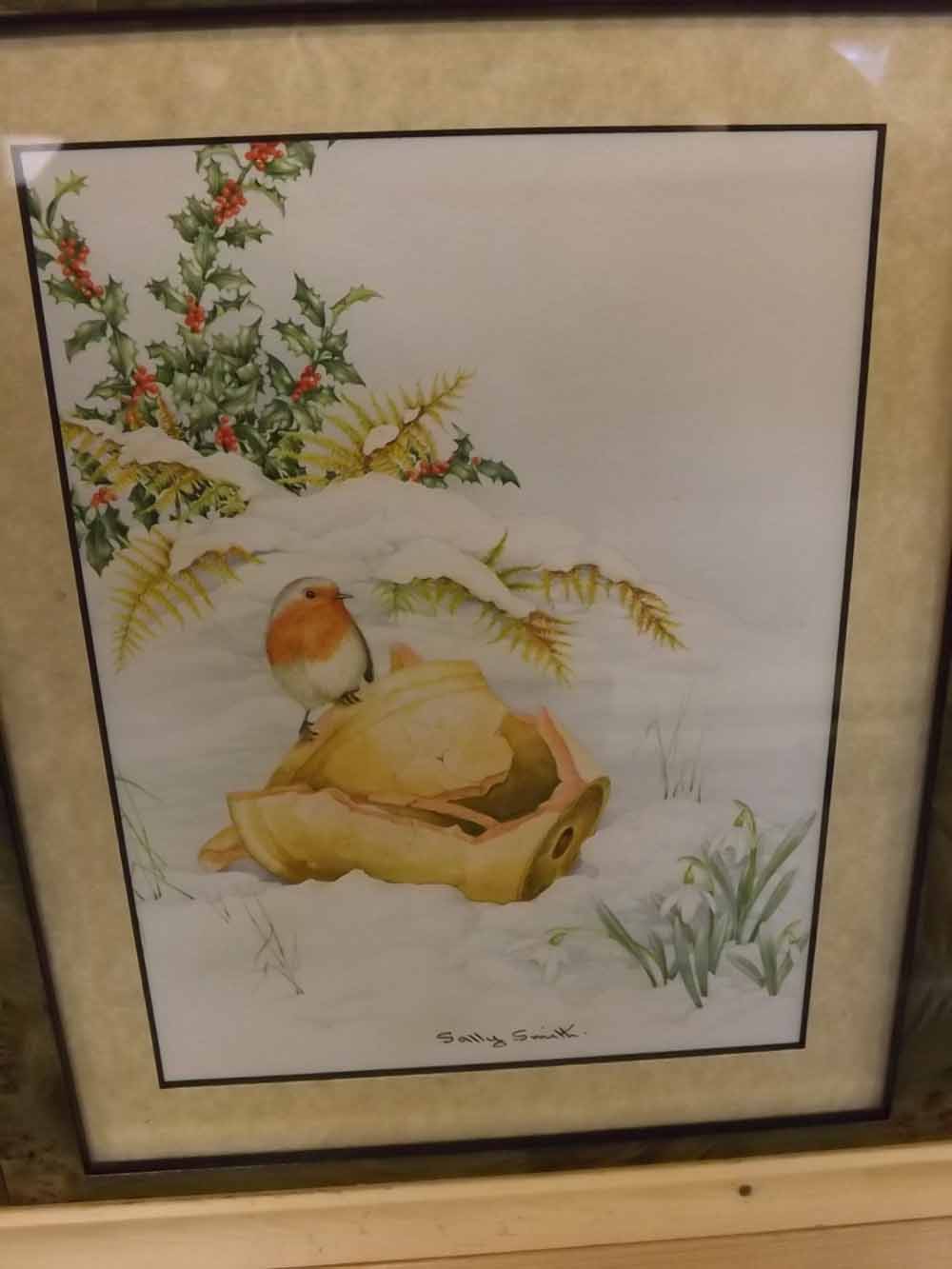 SALLY SMITH, SIGNED pair of watercolours, Robin and Bullfinch in Winter, 7 1/2" x 5 1/2" (2) - Image 2 of 2