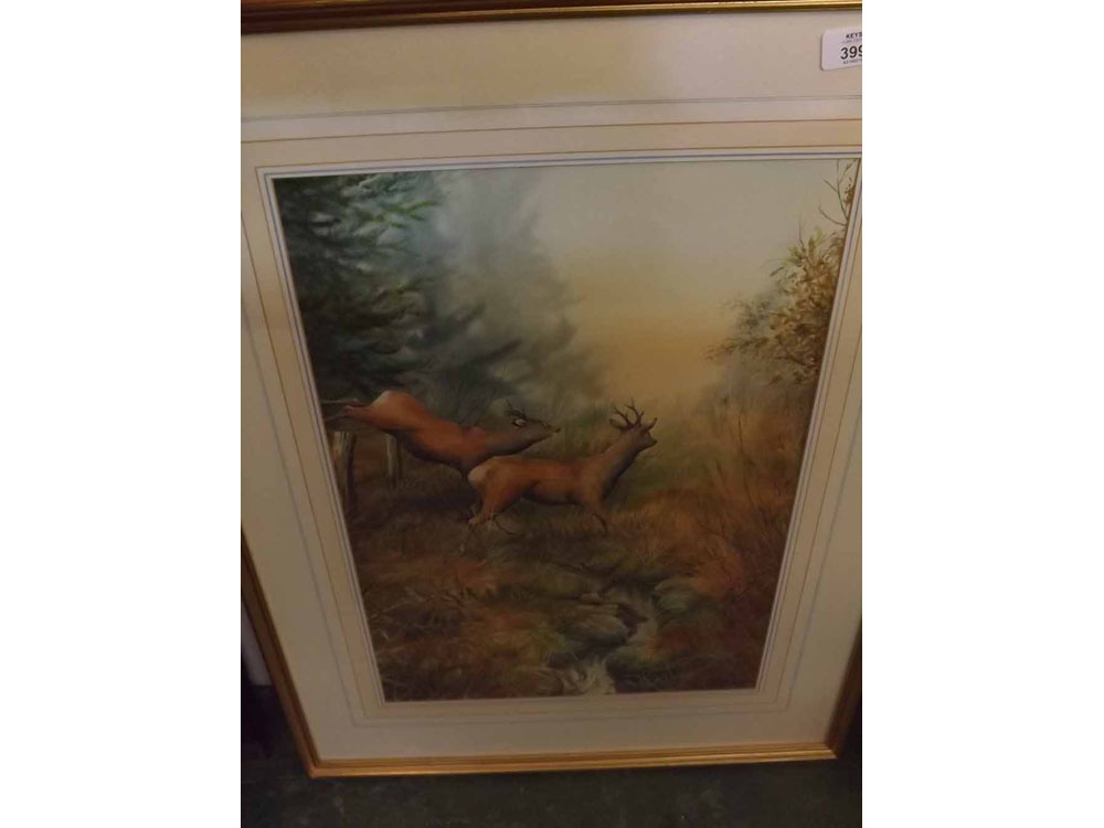 SIMON T TRINDER, SIGNED, watercolour, Deer in landscape, 20" x 14"